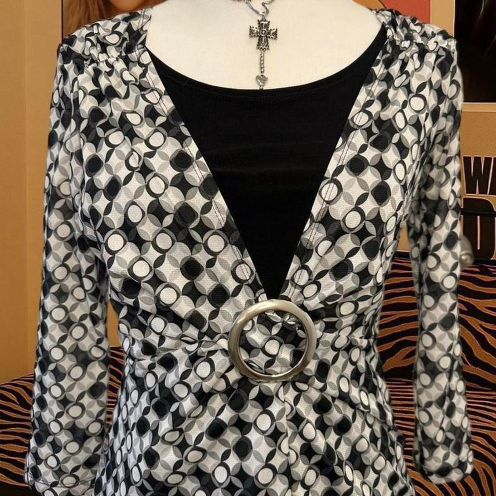2000s Notations Black & White Patterned Blouse Si… - image 2